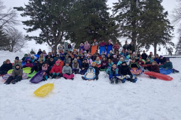 Picture of 4th graders during sledding.
