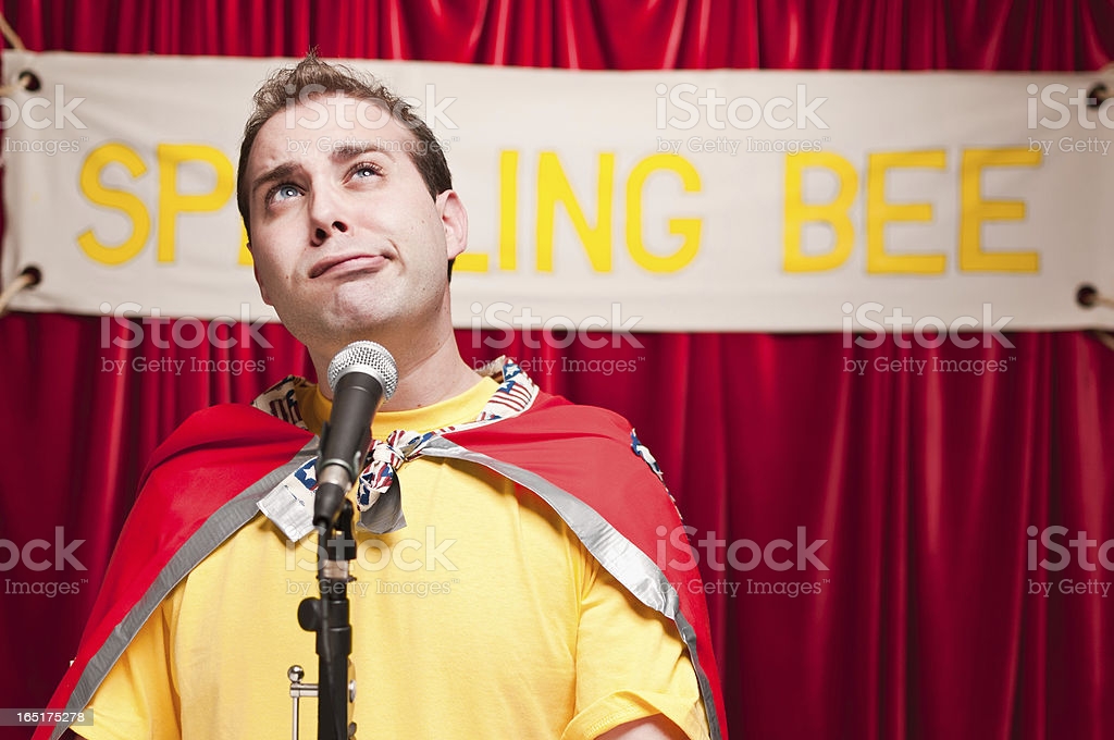 Adult man pretending to be a kid in a spelling bee.